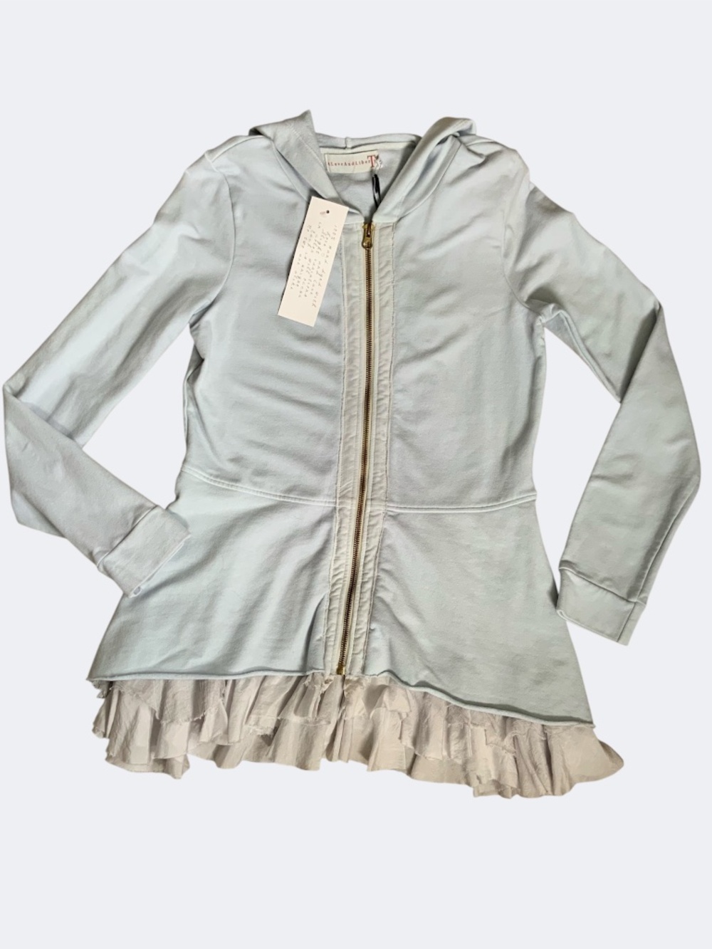 Johnny Was 4 Love And Liberty Peplum Ruffle Hoodie Light Blue NWT SZ S - Picture 6 of 14